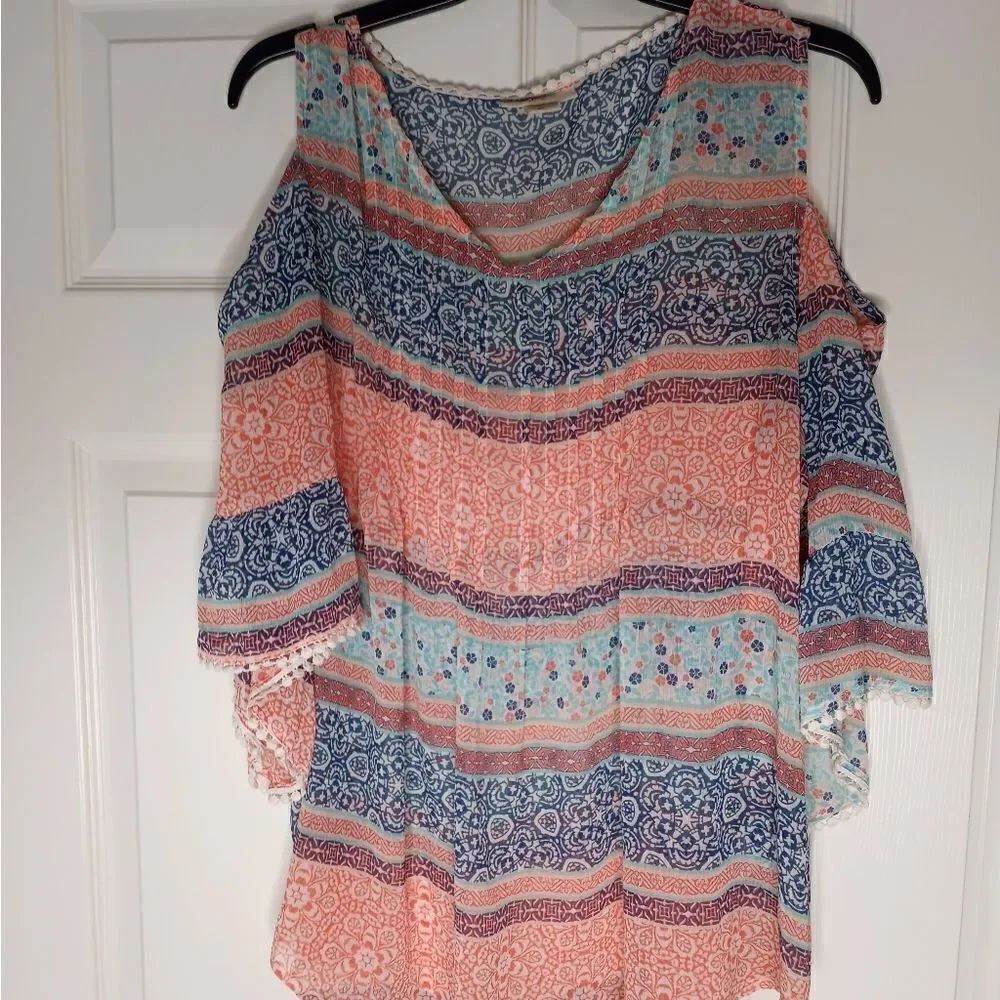Style & Co BlouseTop XL Woman's Cold ShoulderOrangeBlue FloralPrint Boho V-Neck.